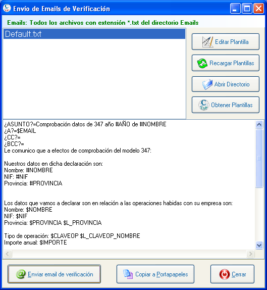 Formulario de envío de emails de verificación/conciliación