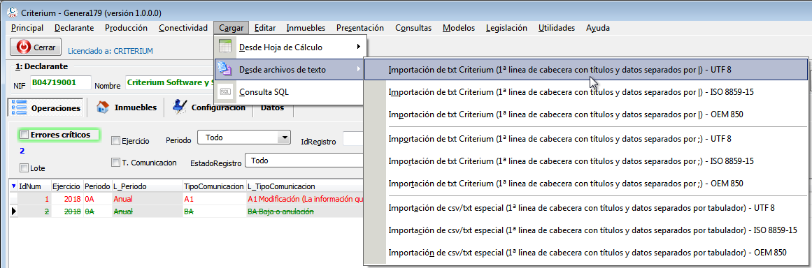 Carga de modelo 179 desde archivos csv