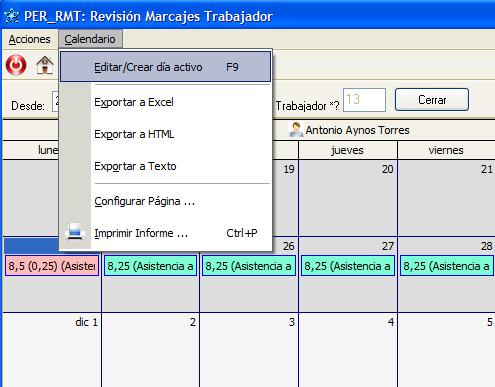 Insertar y modificar nuevos marcajes diarios de horas