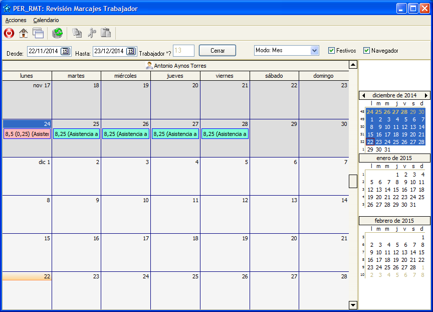 Calendario de marcajes