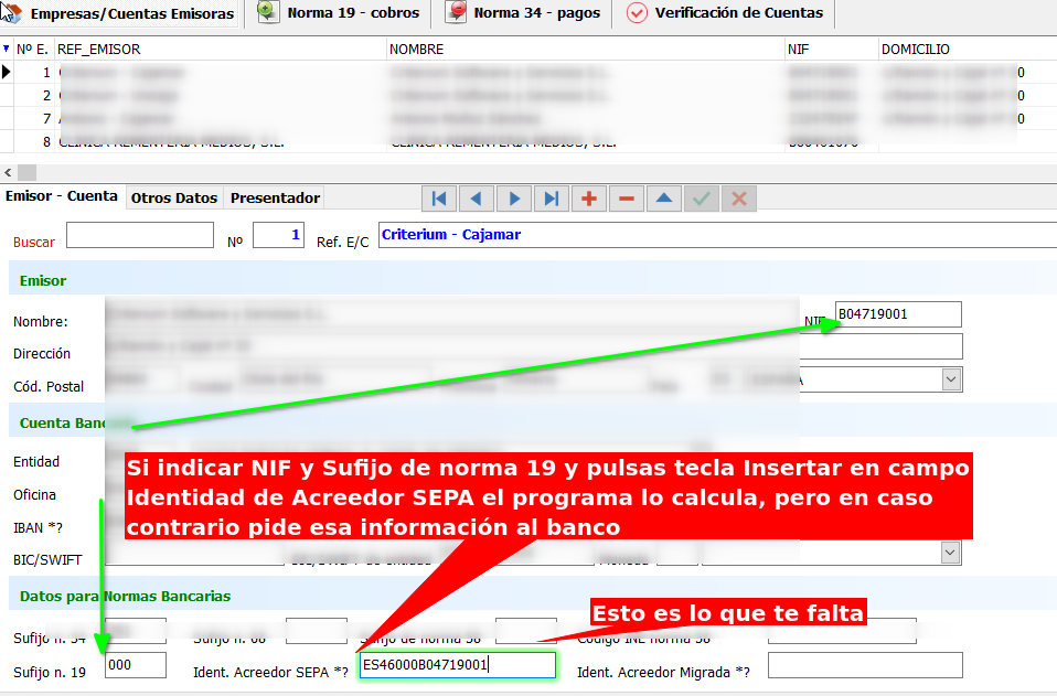 Crar identidad de acreedor SEPA según sufijo y NIF
