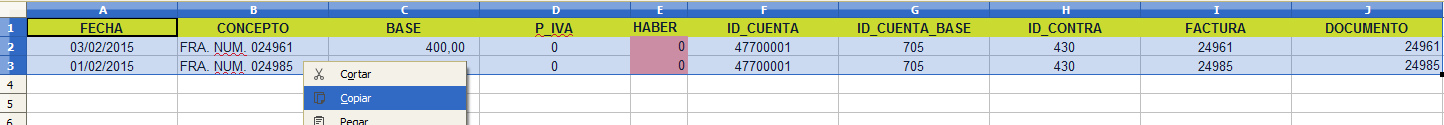 Crear plantilla excel para carga de factura de IVA repercutido en Contaplus