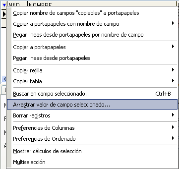 Menú especial en rejilla de datos