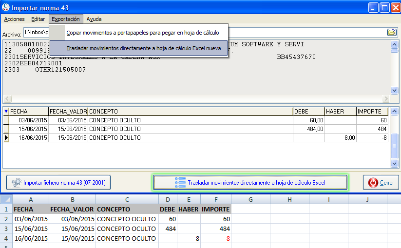 Importar norma 43 para exportación a Excel