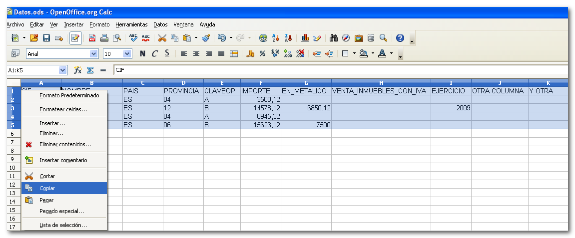 Copiado en OpenOffice.org Calc.