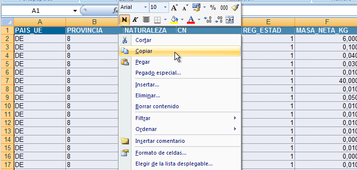 Copiar datos de Intrastat en Excel