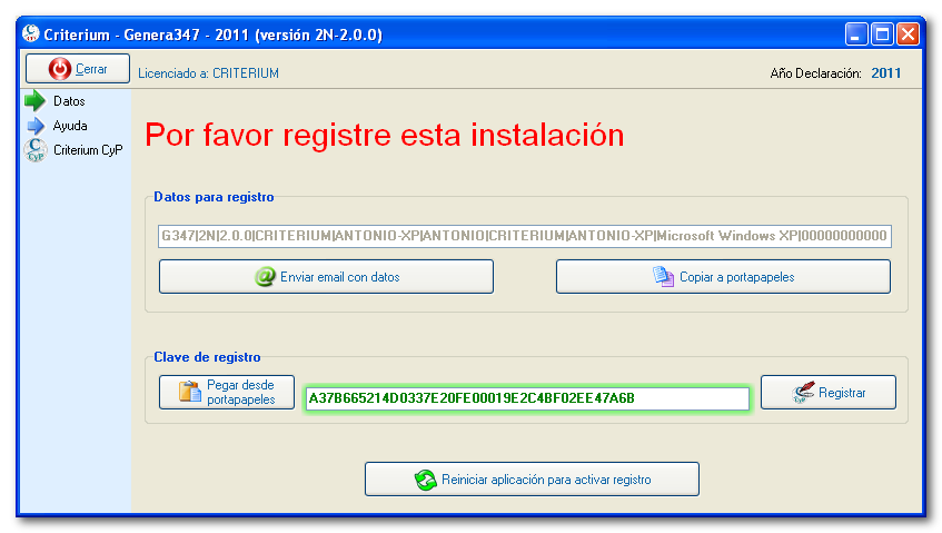 Registro de la instalación