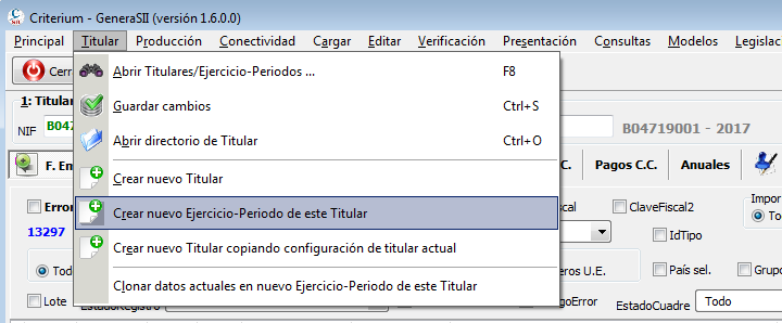 Crear nuevo ejercicio-periodo para SII