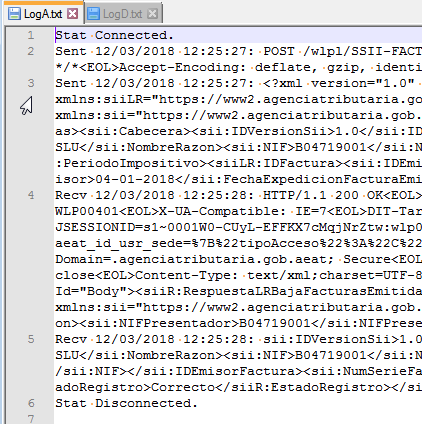 Depurar comunicaciones SII, archivo LogA
