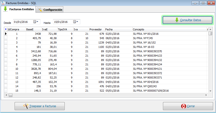 Cargar consulta SQL en SII