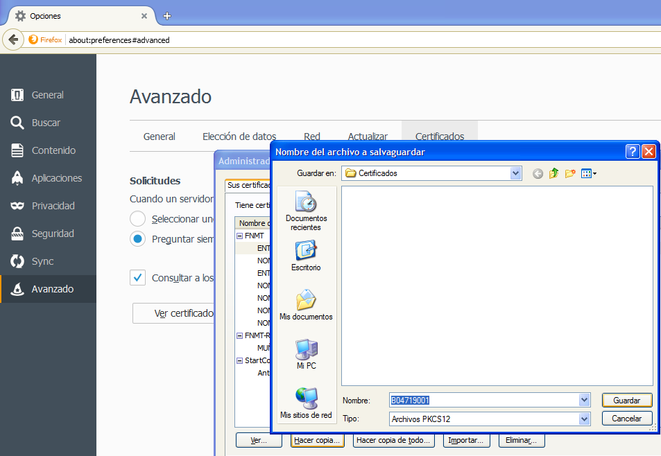 Exportar certificado digital en Firefox