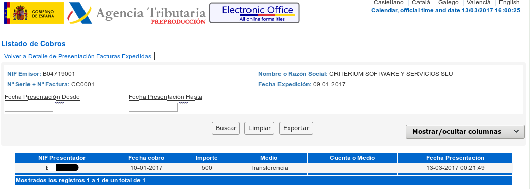 Cobros de factura emitida con criterio de caja en SII