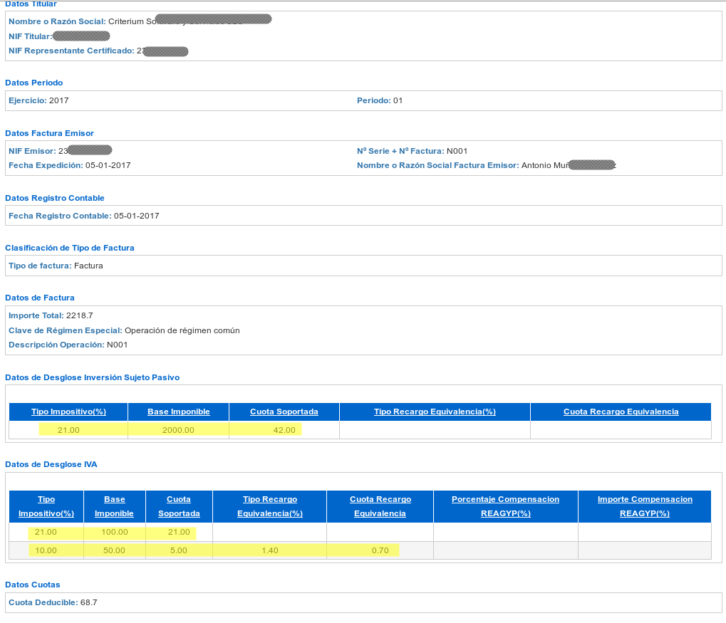 Factura recibida con varios tipos de IVA, RE e ISP