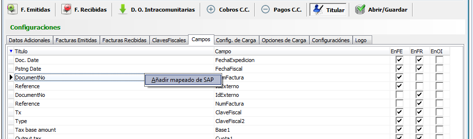 Mapeado de títulos de SAP a campos de GeneraSII