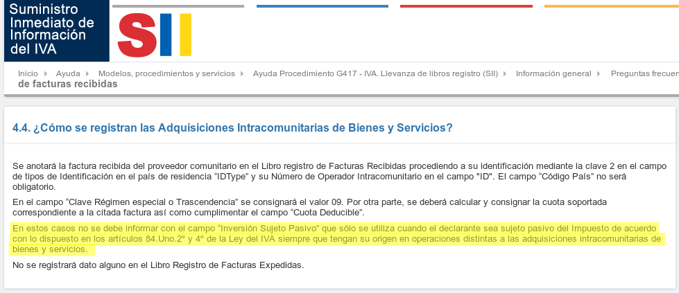 Servicios intracomunitarios recibidos pregunta 4.4