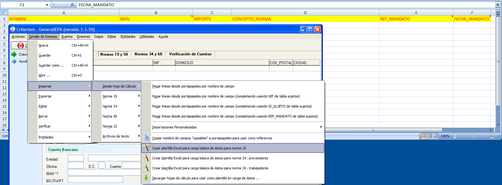 Crear plantillas Excel para carga de normas 19 y 34