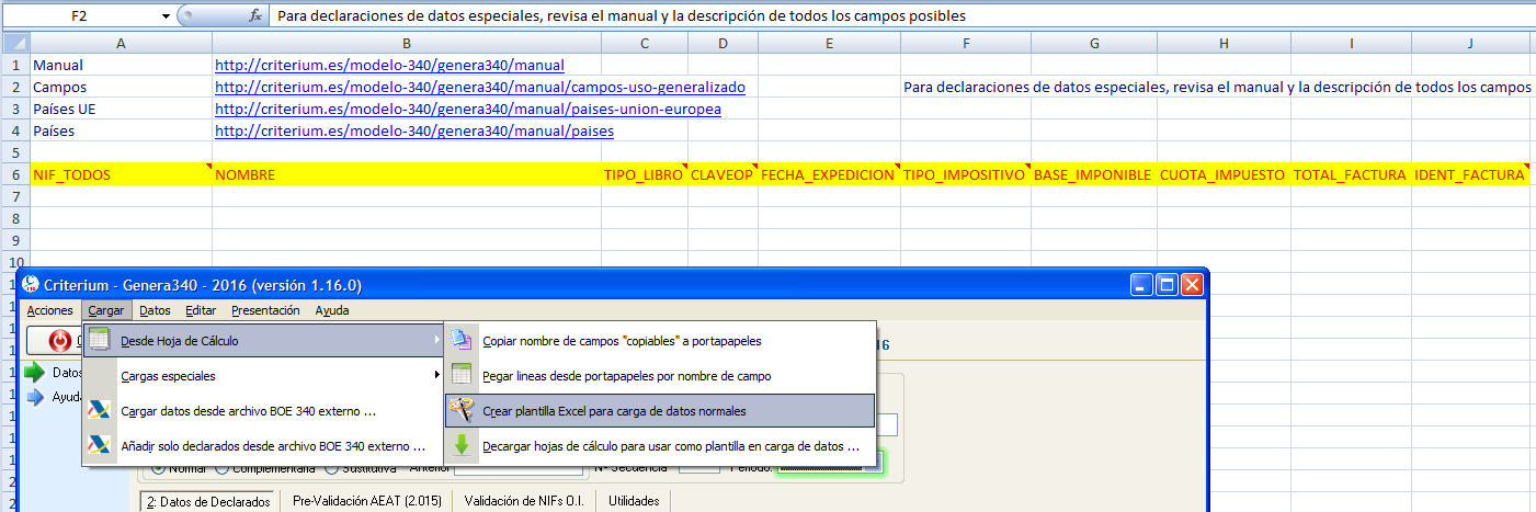 Crear hoja Excel para cargar modelo 340