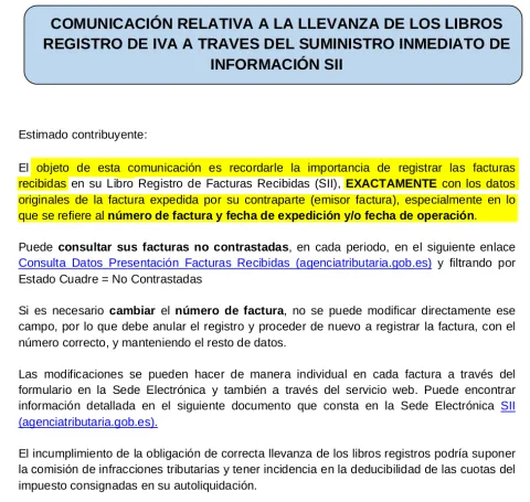 Comunicacion de AEAT respecto a envío de facturas recibidas, página 1 Comunicacion de AEAT respecto a envío de facturas recibidas, página 1
